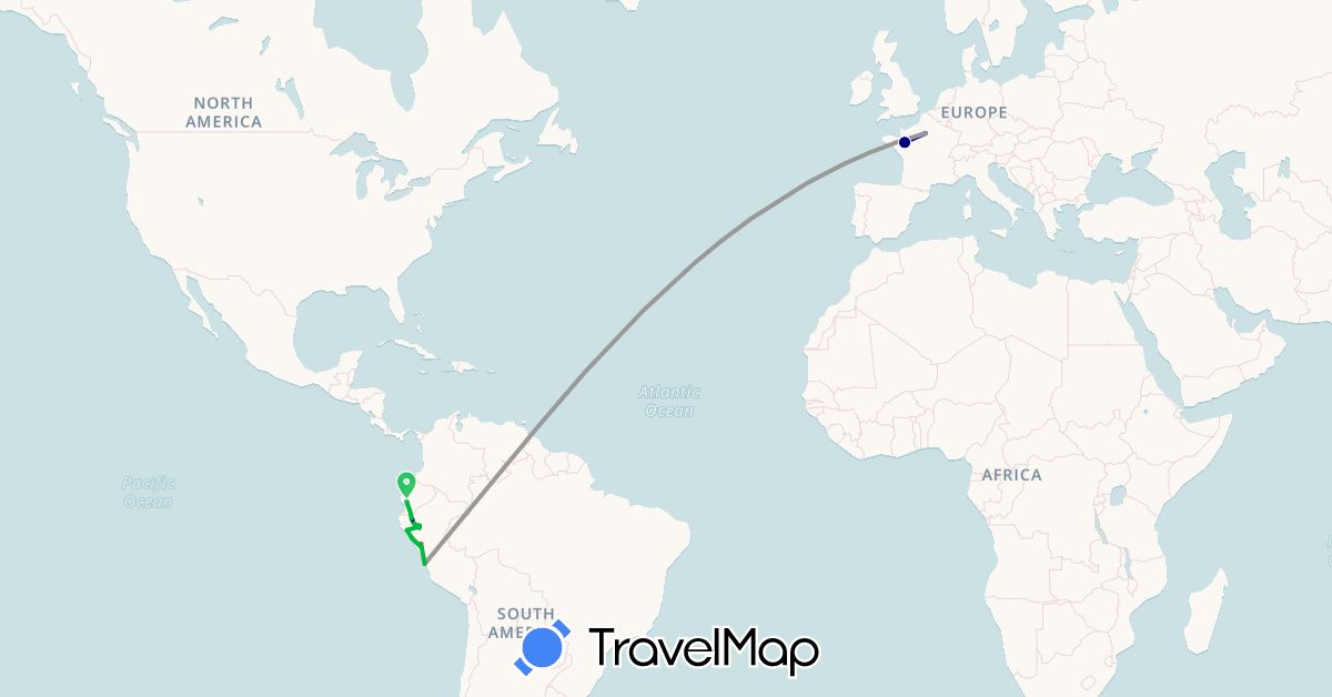TravelMap itinerary: driving, bus, plane, hiking in Ecuador, France, Peru (Europe, South America)